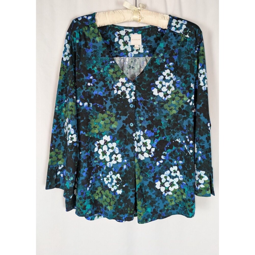 Zac & Rachel Blue Green Abstract Floral V-Neck Blouse Button Size L 3/4 Sleeve
